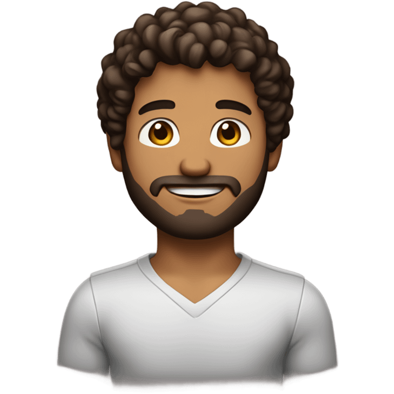 men holding his computer in hands. light brown skin men with curly dark brown hair, brown eyes, little grown beard. ust a tiny bit muscular. dressed casual. round face. emoji