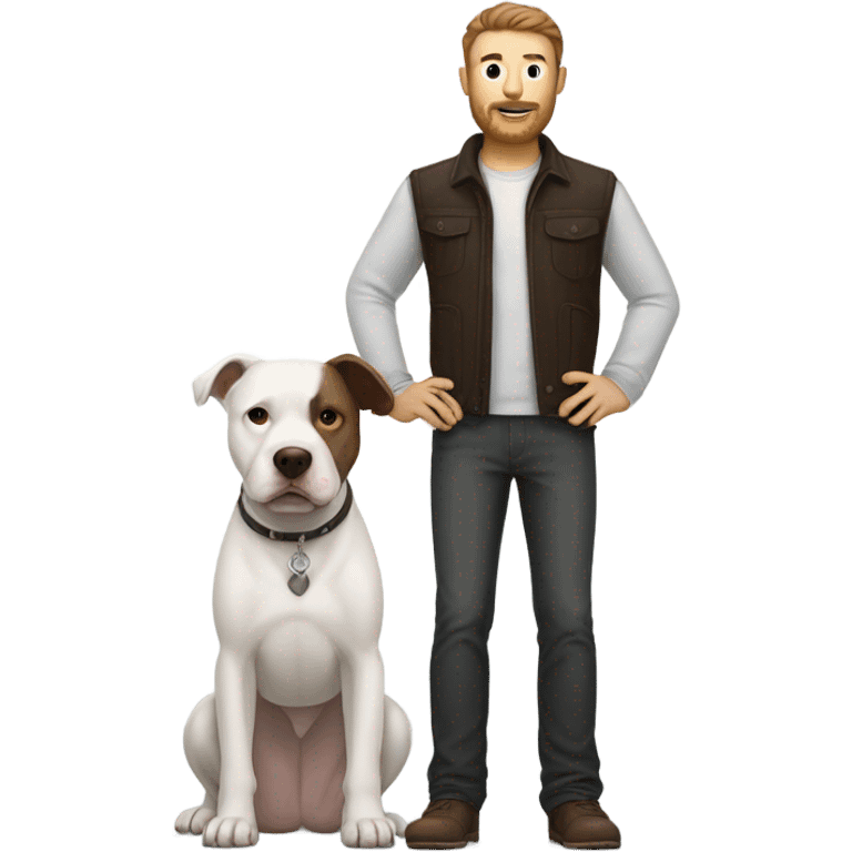 white male with dark brown hair and a lightly scruffy beard standing alongside a white pitbull emoji