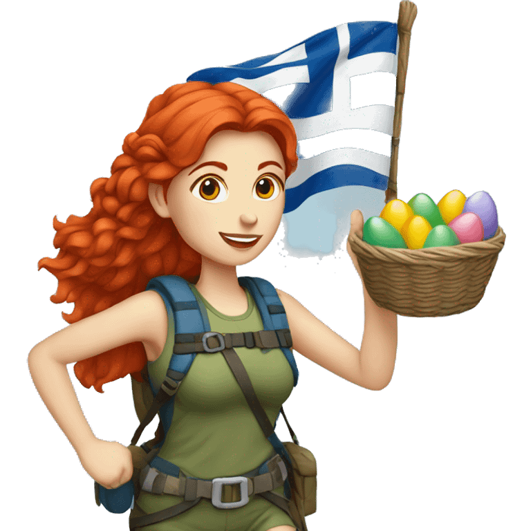 Female mountaineer red hair climbing with Greek flag and holding Easter eggs basket emoji