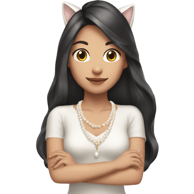 brunette long hair asian wearing pearl necklace and cat ears emoji