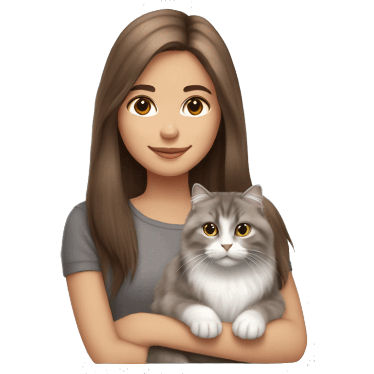  Chestnut brown straight hair girl holding fluffy Siberian gray cat  emoji