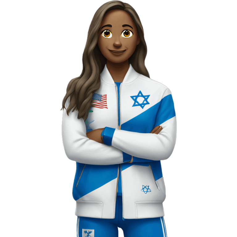 A woman at the Olympics who has the Israeli flag on her jacket with a gold medal emoji