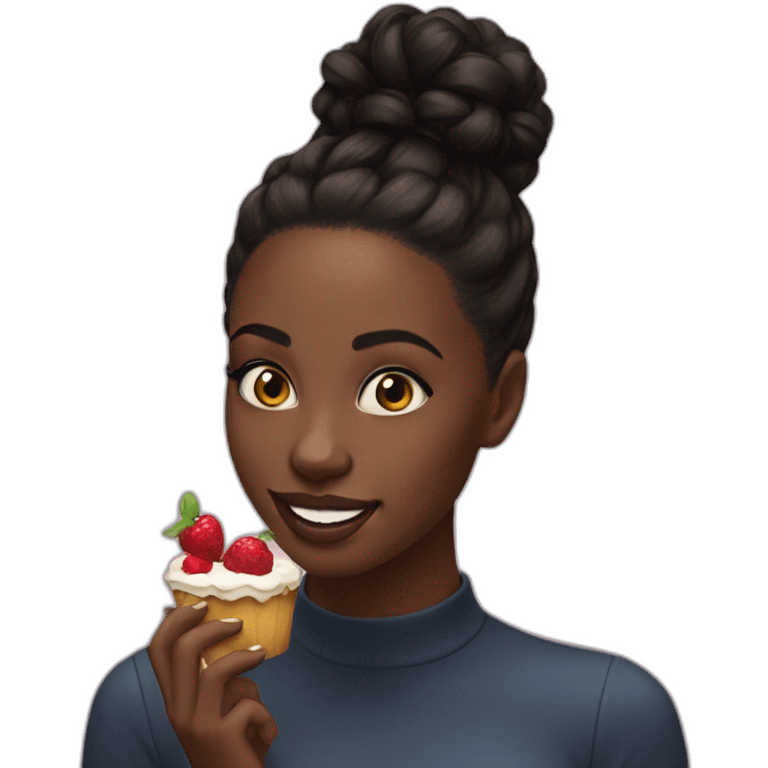 A black girl, black hair in a bun, eat cake spitting fruits emoji