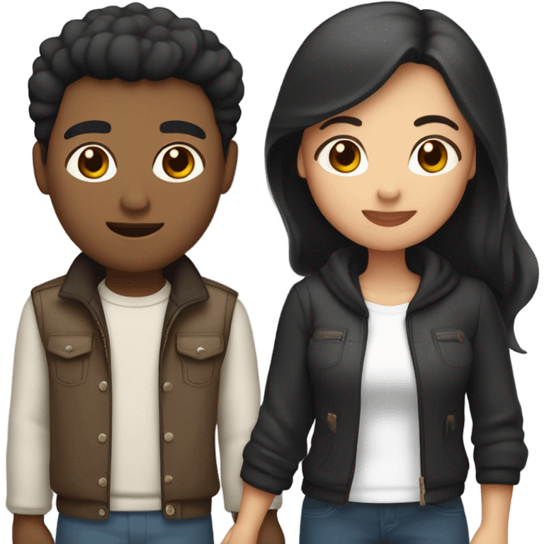 a couple holding hands. the guy has black middle part hair and is Persian and Filipino mix, wearing a jacket. the girl has brown hair white and asian mix, wearing a crop top. emoji