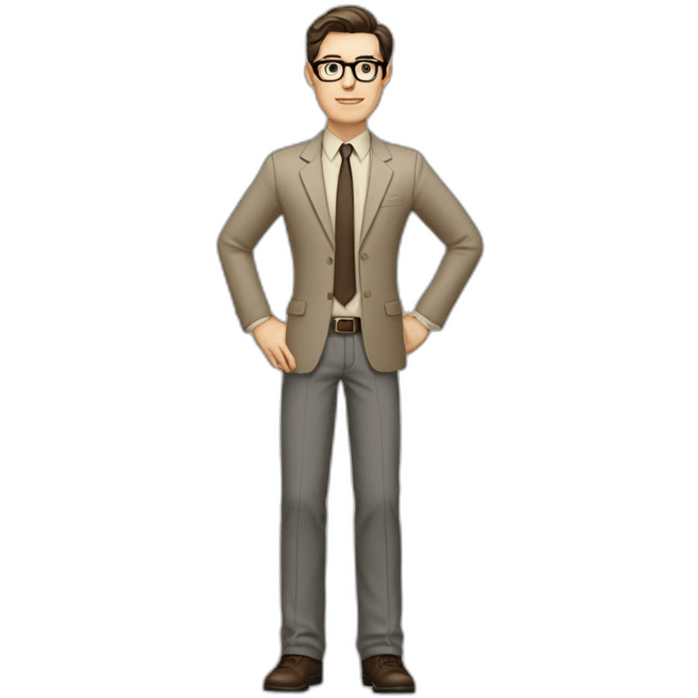 Full height Gesticulating Pale skinned fit man with dark brown hair in gray jacket, beige office shirt, brown tie, brown pants and vintage glasses. emoji