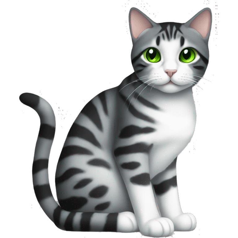 black/grey/white tabby cat with green eyes sitting emoji