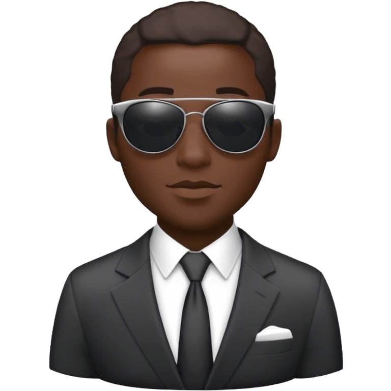 Dark-skinned African man with sunshades in an office background, wearing a suit.  emoji