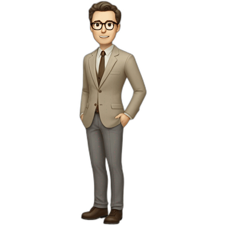 Full height Gesticulating Pale skinned fit man with dark brown hair in gray jacket, beige office shirt, brown tie, brown pants and vintage glasses. emoji