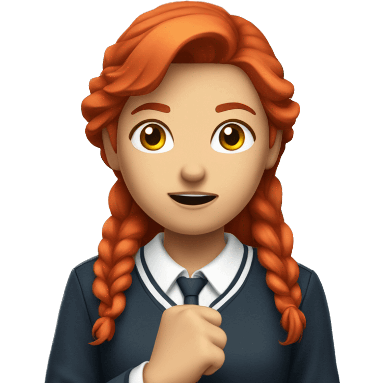 "A girl with red hair in a school uniform, angrily standing with her fist raised in a classroom." emoji