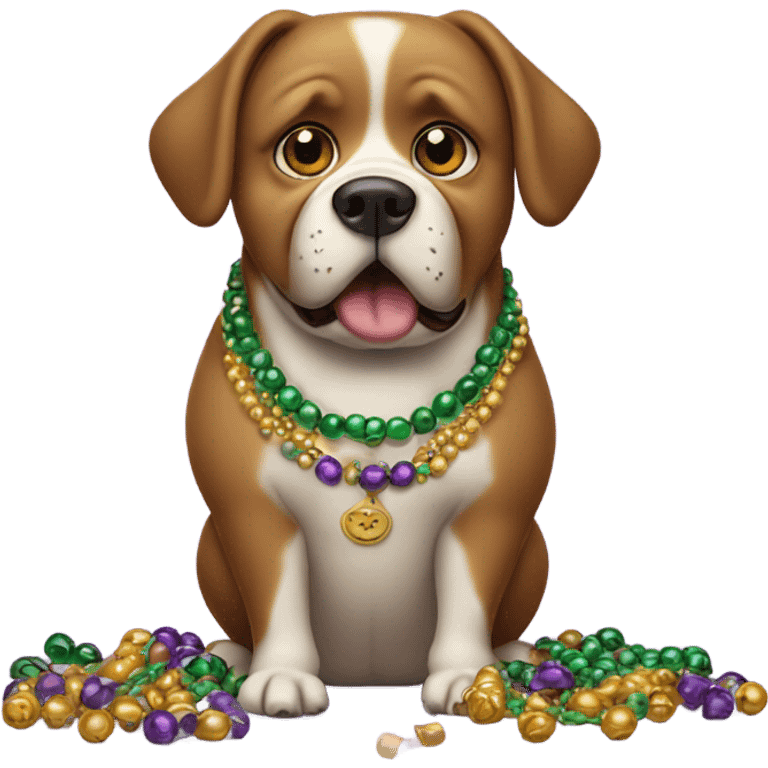 Crying fat dog with Mardi Gras beads eating chocolate emoji