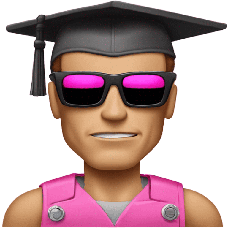 Schwarzenegger-like Terminator, upper body only, wearing his iconic clothes in pink, with a pink graduation hat, looking more human with minimal robotic details, and wearing dark sunglasses. emoji