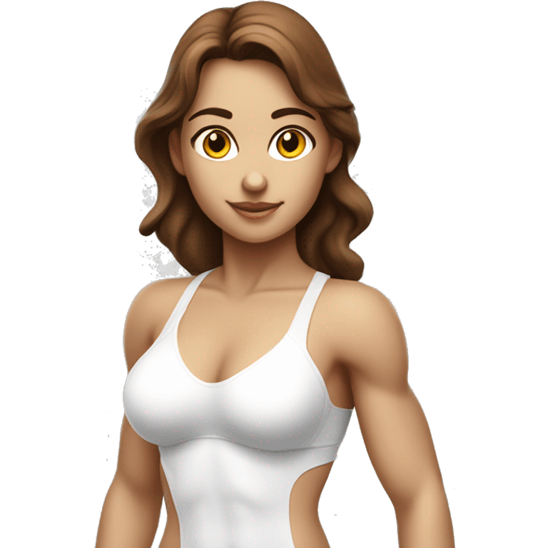 Athletic, muscular female angel figure with brown hair, wearing white lingerie-style outfit in a tasteful manner. Include angelic wings emoji