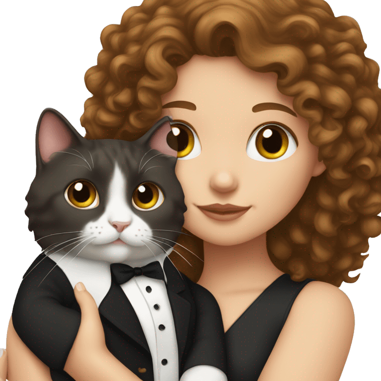 A white girl with brown curly hair holding her tuxedo cat emoji