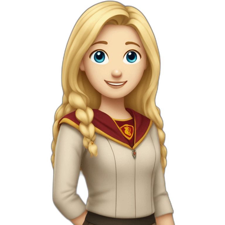 Emoji of a blonde girl with blue eyes, who is studying at Gryffindor House, expressing happy emoji