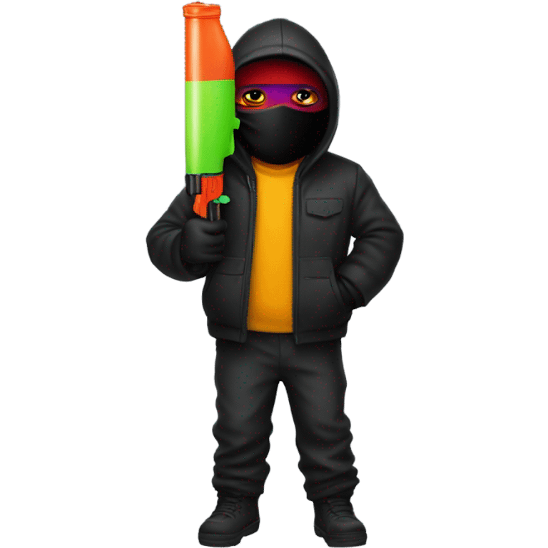 person with ski mask on wearing all black with a watergun emoji