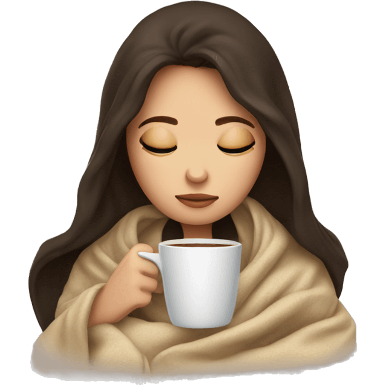 Brunette girl inside a blanket sipping coffee eyes closed emoji