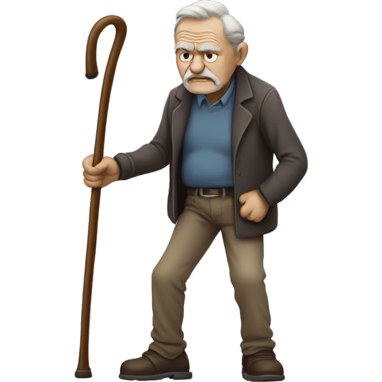 Old man leaning on a walking cane and holding his crancky back with his hand, grumpy face, detailed emoji