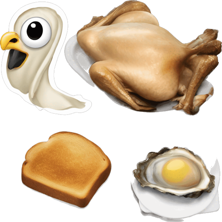 Standing crazy Turkey next to blackened toast and oysters and a a slice of toast emoji