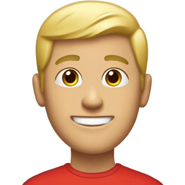 A blonde guy with very short hair wears a red t-shirt and poses with a smile emoji