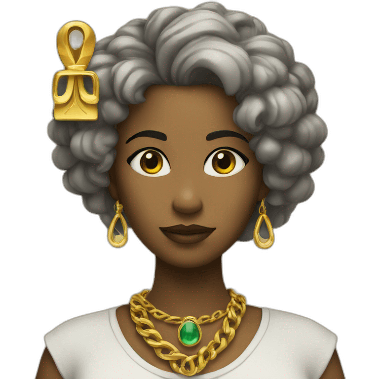 Valérie with a gold necklace with ankh emoji