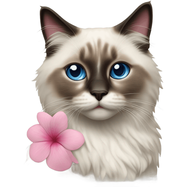 Realistic ragdoll cat with blue eyes wearing pink flowers  emoji