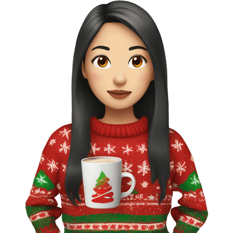 asian girl drinking coffee wearing Christmas sweater emoji