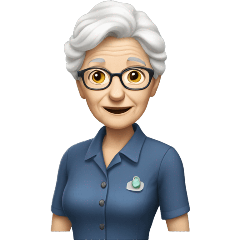 old white lady with glasses white silver hair, dark blue eyes, and dresses like a biologist (like khaki short sleeve button down shirt) emoji