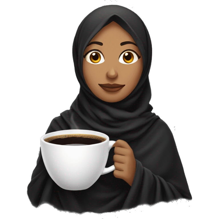 Indian woman with long black hijab with blanket with a cup of cofee emoji