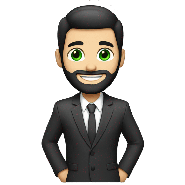 Finance white guy, green eyes, suit, beard like 3 days, big smile. crewcut black hair emoji