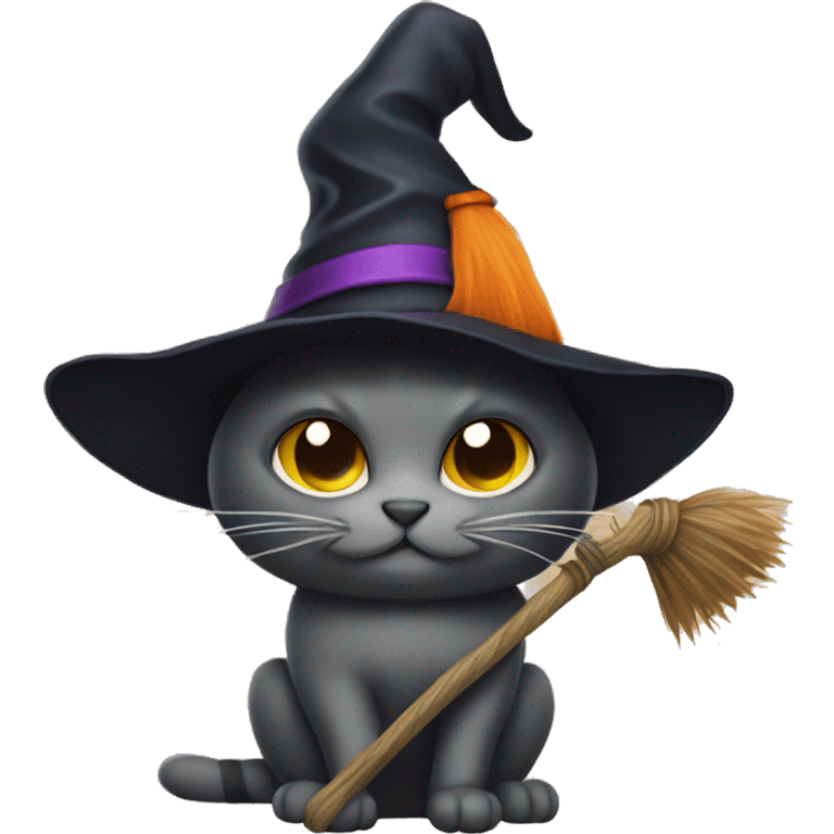 cat with witch hat on a broomstick emoji