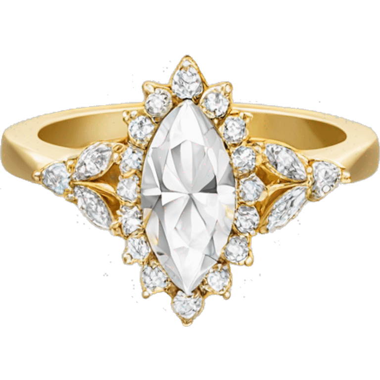 A marquise diamond ring with a vintage floral halo, small diamonds around the center stone, and a thin gold band.  Elegant and timeless. emoji