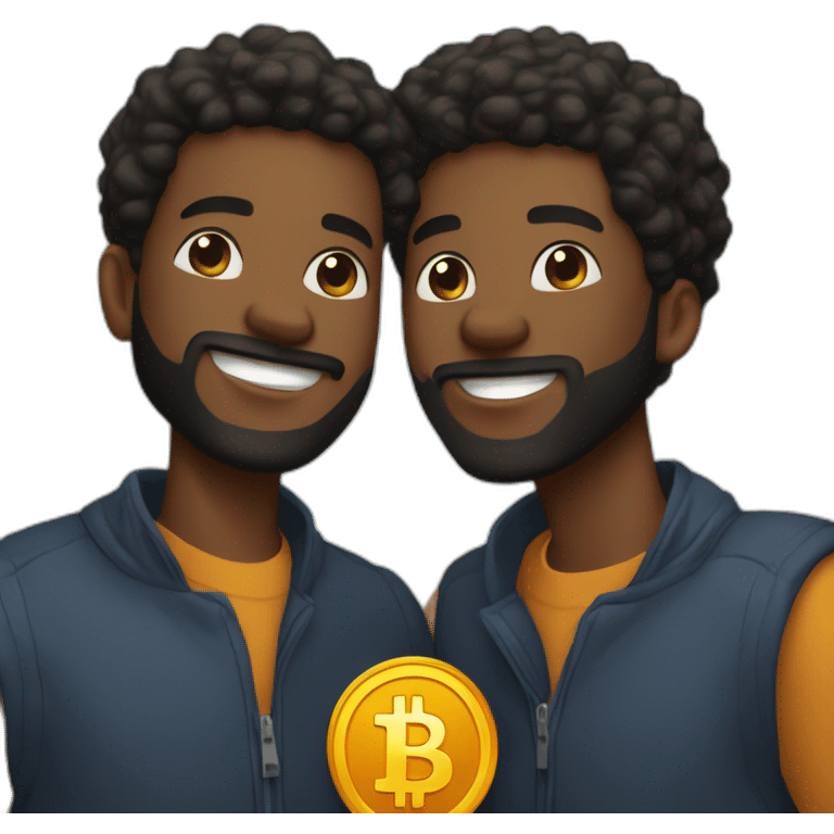 Two young black men in their 20’s with beards shaking hands with Bitcoin token in their hands  emoji