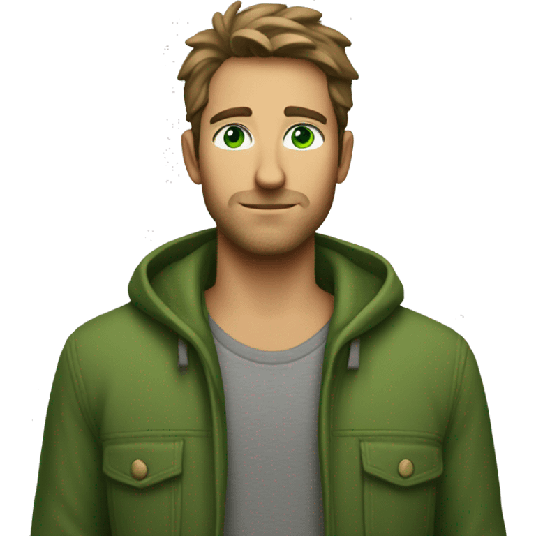 Green eyes, no beard, no smile, mystery view, casual clothing emoji