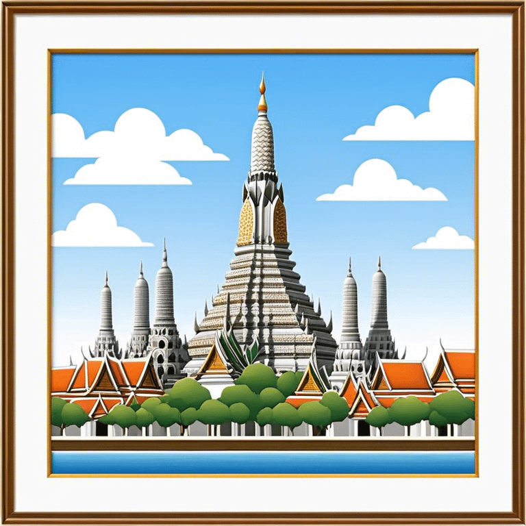 Cinematic Realistic Wat Arun Landmark Emoji, depicting the towering temple spires adorned with intricate porcelain mosaics emoji