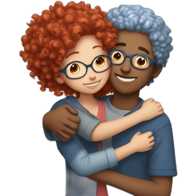 a girl with red curly hair and blue glasses hugging a boy with gray hair emoji