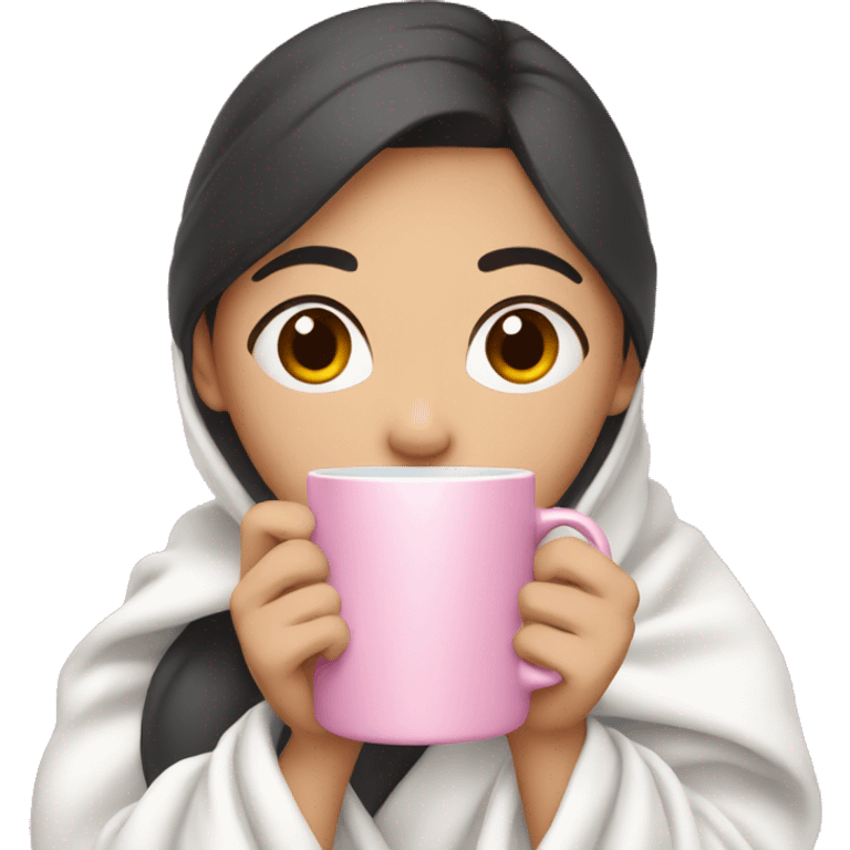 Asian girl with dark hair wearing a white blanket and holding a pink mug emoji