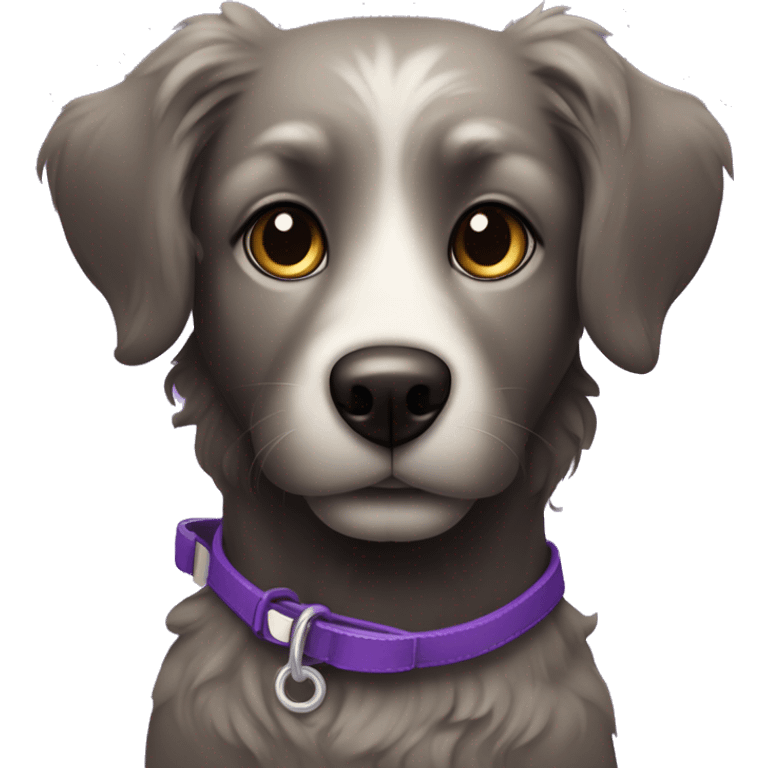 Black dog wit curly hair. White hair under the nose and mouth. Brown eyes with a black pupil in it. And a purple leash.  emoji