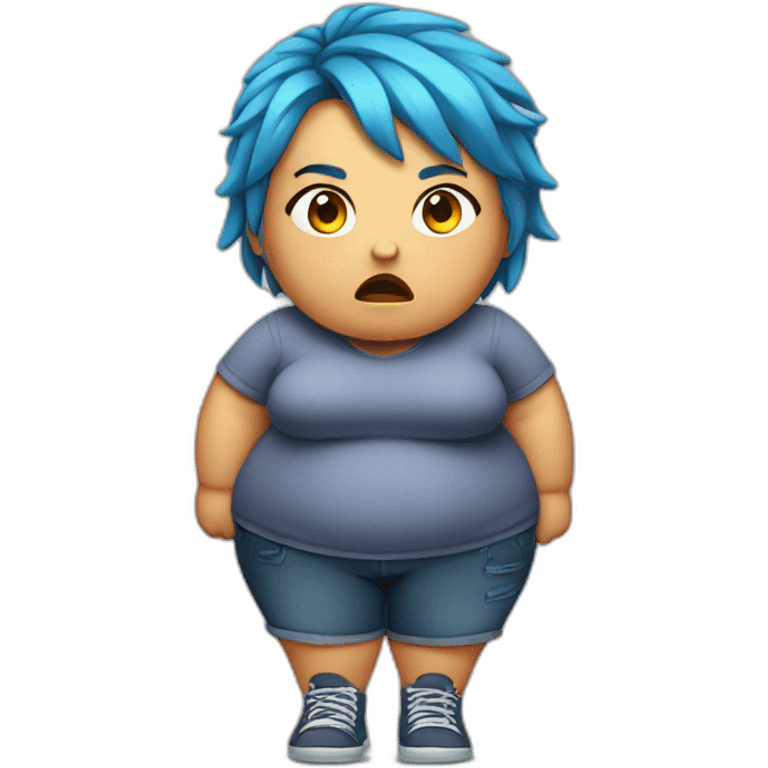 obese girl, bleu hairs, really angry, entire body view emoji