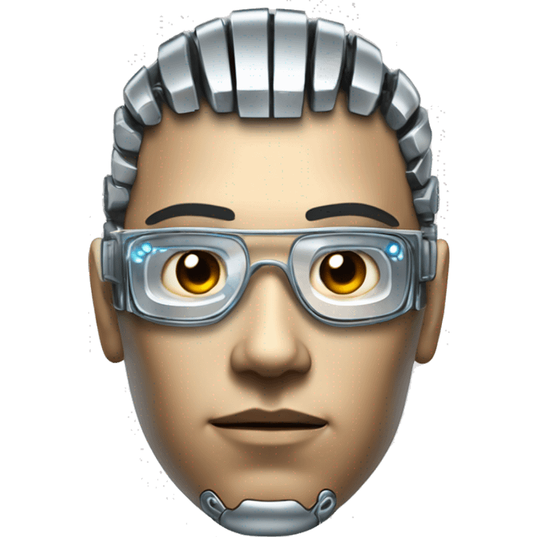 Male cyborg head with metallic skin, flat top, rectangular glasses and circuits emoji