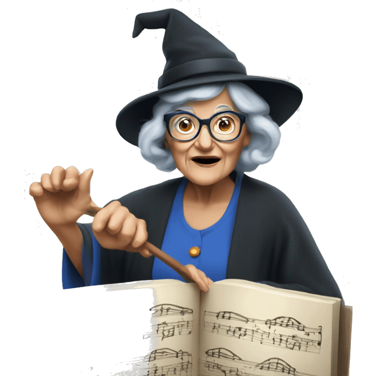 smart granny witch with glasses and blue hat directing orchestra emoji