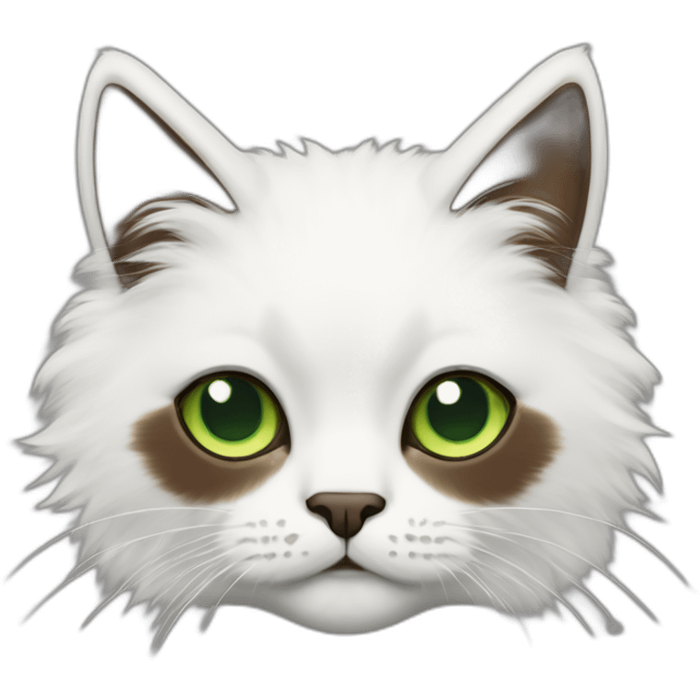 white fluffy bi-colour cat with dark brown ears and upper head, brown ears and green eyes emoji