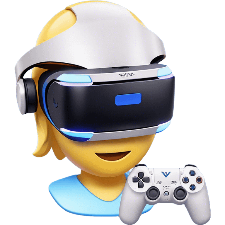 Clash of Clans aesthetic: Cinematic Playful PlayStation VR Headset Portrait Emoji, rendered in a 3D vector-style similar to standard emojis with minimal shading and bold, simplified shapes. A compact, distinct form with signature details, softly glowing with a cutting-edge console technology charm. Simplified yet unmistakably iconic, highly detailed and consistent, glowing with a soft radiance and high shine. Stylized with a touch of technological advancement and a soft glowing outline, capturing the essence of a beloved gaming relic with a friendly, playful manner! emoji