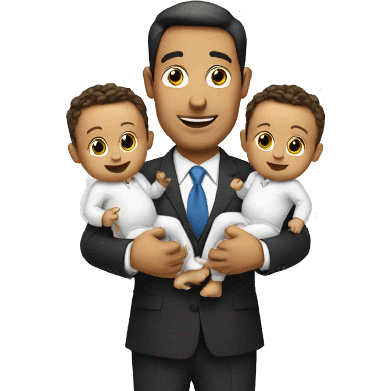 a businessman holding two babies, one in each arm. He has dollar signs in his eyes emoji