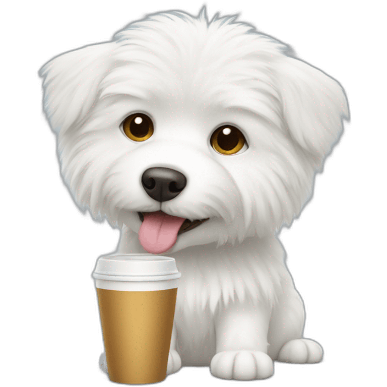 White furry little dog drinks coffee emoji