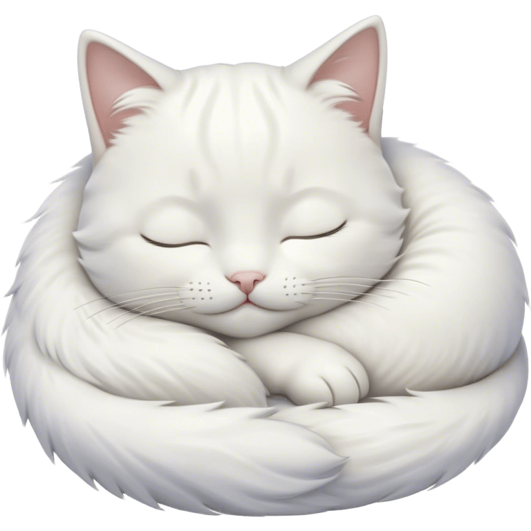 Meme-Worthy Cute Sleeping White Cat Portrait Emoji, Head peacefully tilted with a tender, contented smile and eyes gently closed in serene slumber, featuring a pristine white fur with subtle, delicate silver accents, simplified yet irresistibly adorable, highly detailed, glowing with a soft, drowsy radiance, high shine, exuding calm, heartwarming charm, styled with a gentle, soft glowing outline, capturing the essence of a sleeping white cat that seems destined to become the next viral icon of adorable repose! emoji