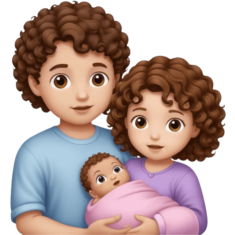 Wite baby boy with curly brown hair and wite baby girl with brown hair emoji