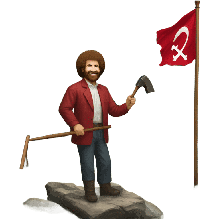 bob ross painting with a background of a hammer and sickle red flag emoji