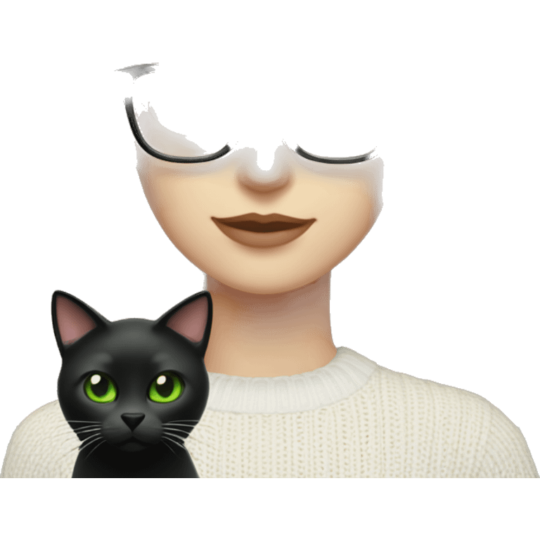 woman with green eyes and glasses with wavy blonde hair in a white cable knit sweater holding a black cat with green eyes  emoji