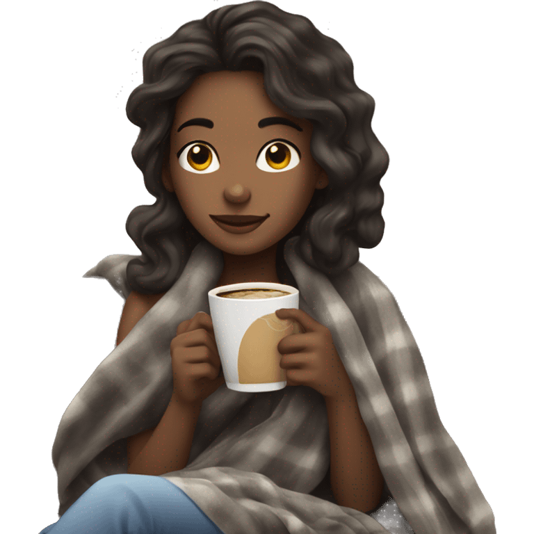 Girl drinking coffee with dark brown hair with slightly little wave and curl to her hair, a blanket around her emoji