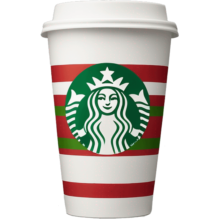 A Starbucks coffee cup with red and green stripes and the Starbucks logo on the front, white lid emoji